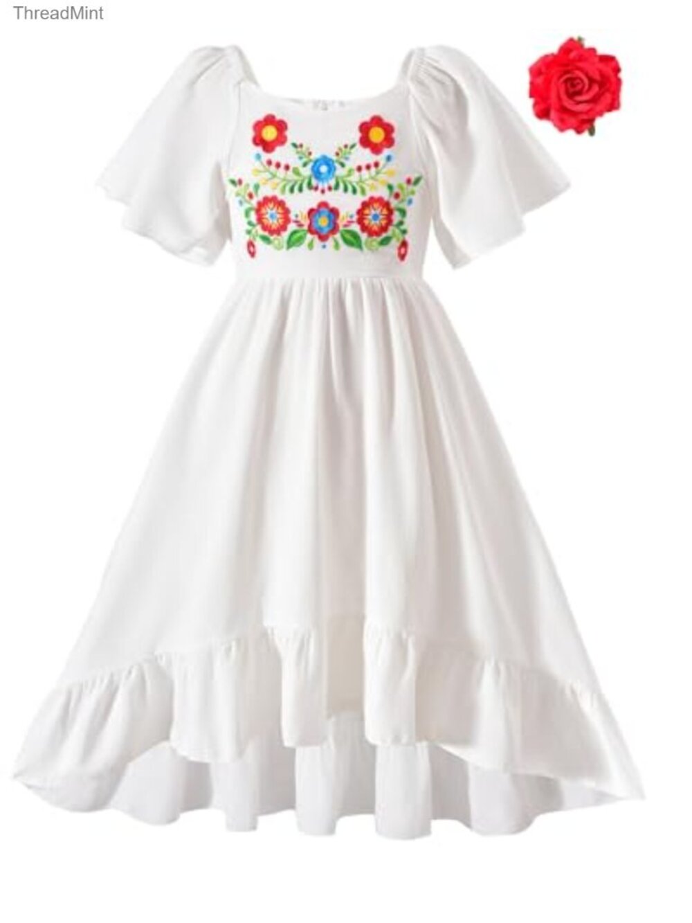 Mexican Embroidered Girls Princess Dress Square Neck Ruffle Sleeve